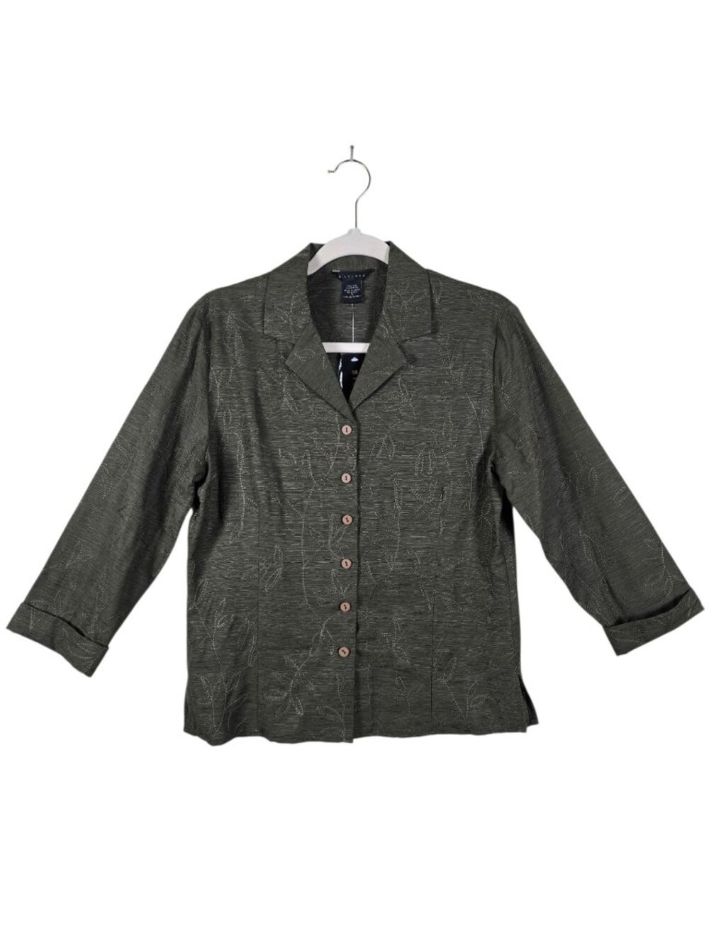 Silkland Womens Green Silk Blend Boho Embroidered Botanical Button Up Top Small
